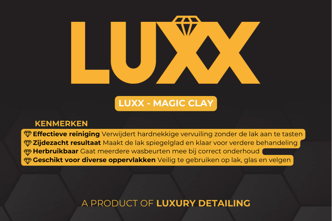 LUXX Clay etiket voorkant – productlabel met merklogo en productinformatie
