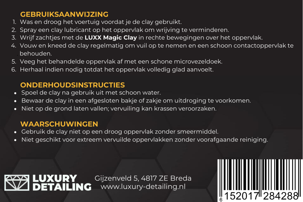 LUXX Clay etiket achterkant – productlabel met gebruiksaanwijzing en ingrediënten