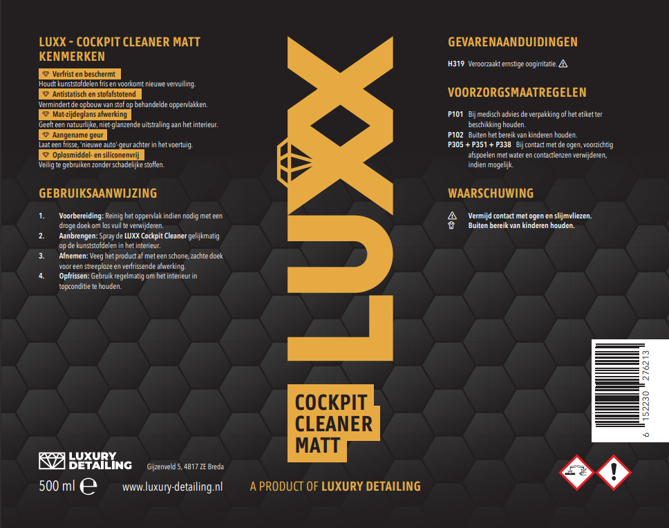 LUXX Cockpit Cleaner Matt etiket – productlabel met gebruiksaanwijzing en ingrediënten
