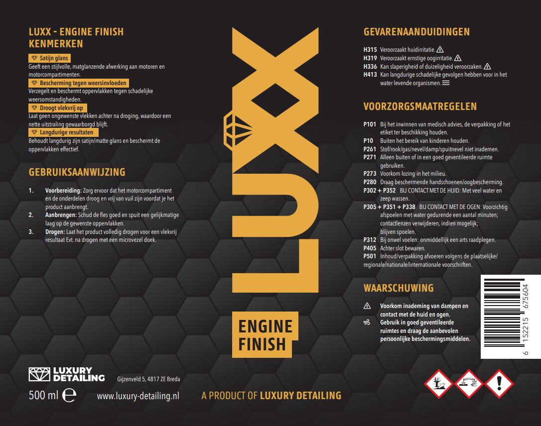 LUXX Engine Finish etiket – productlabel met gebruiksaanwijzing en ingrediënten