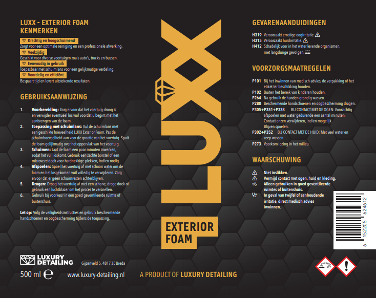 LUXX Exterior Foam etiket – productlabel met gebruiksaanwijzing en ingrediënten
