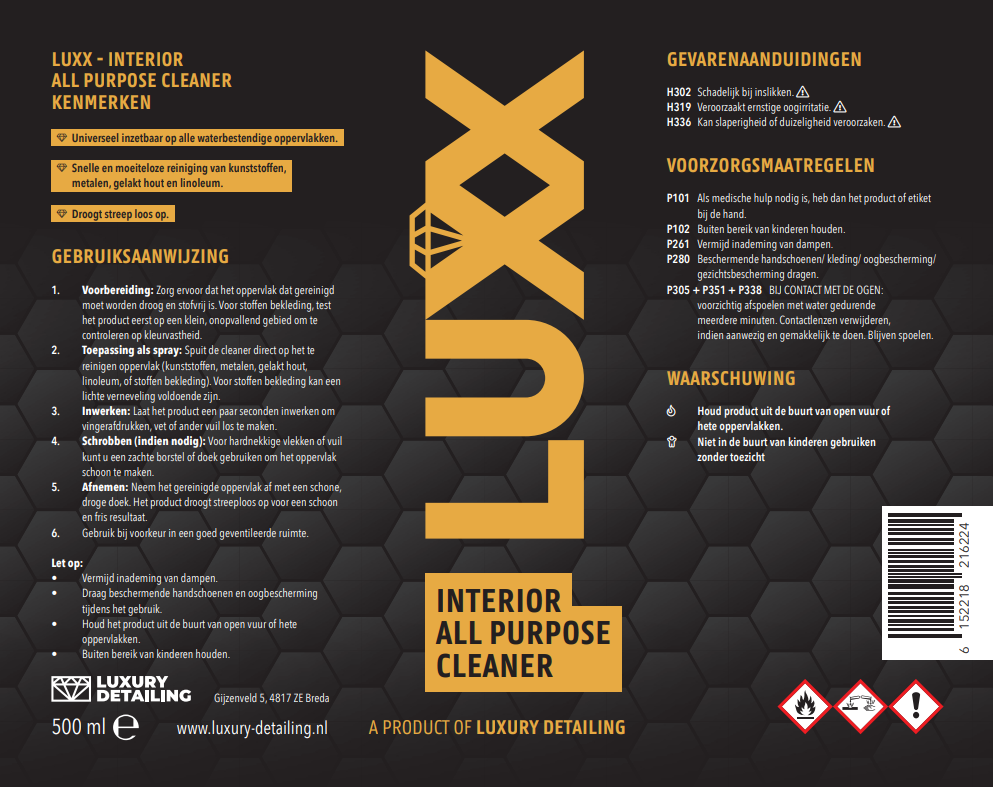 LUXX Interior All Purpose Cleaner etiket – productlabel met gebruiksaanwijzing en ingrediënten