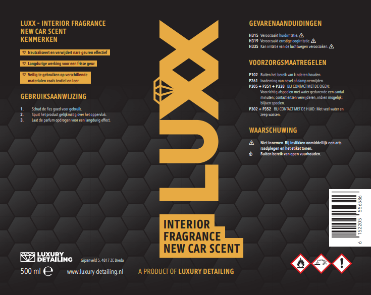 LUXX Interior Fragrance New Car Scent etiket – productlabel met gebruiksaanwijzing en ingrediënten