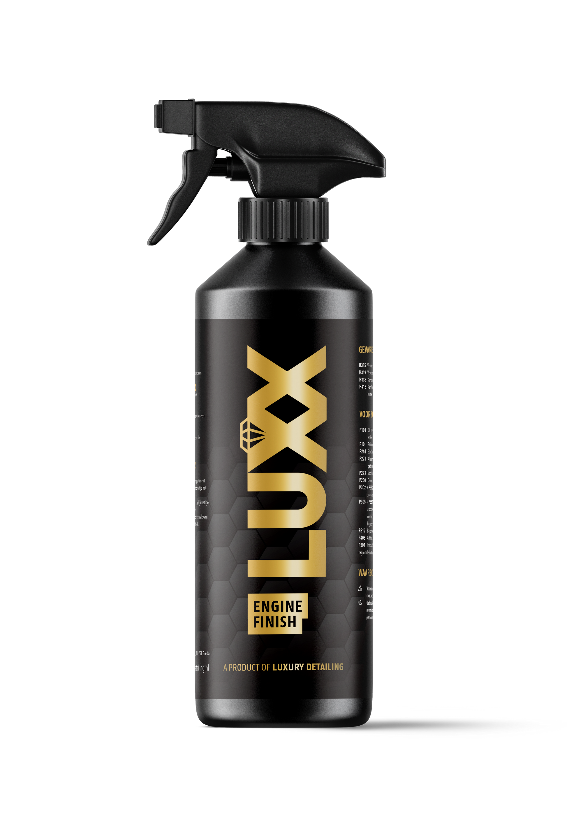 LUXX Engine Finish mockup – productafbeelding van motorruimte beschermer en kunststofdressing