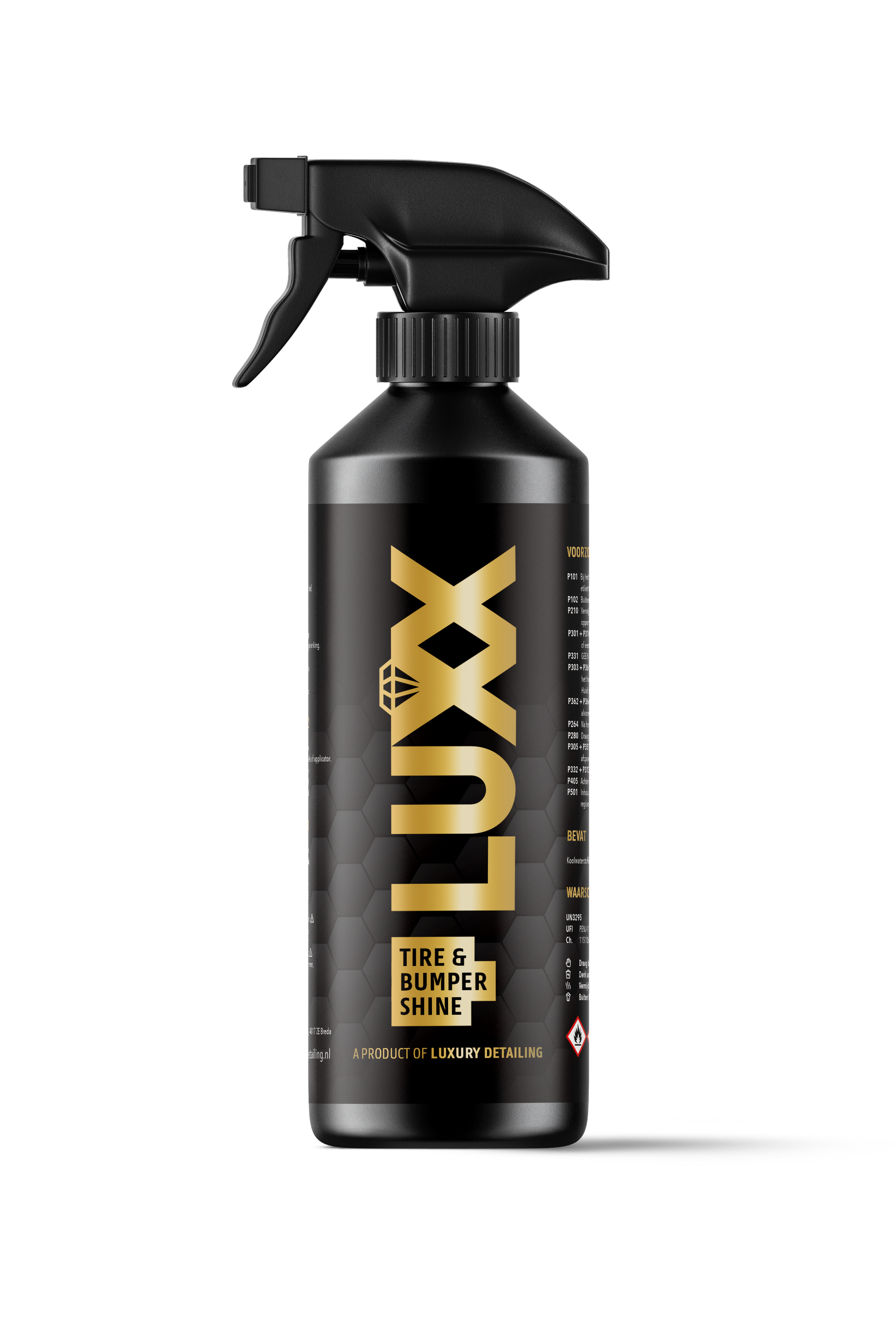 LUXX Tire & Bumper Shine mockup – productafbeelding van dressing voor banden en bumpers