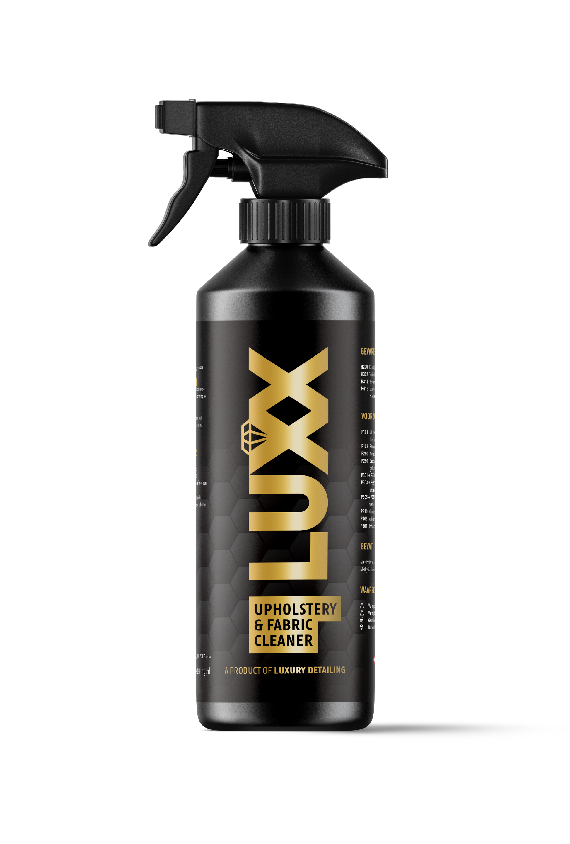 LUXX Upholstery & Fabric Cleaner mockup – productafbeelding van reiniger voor autobekleding, stoelen en vloerbedekking