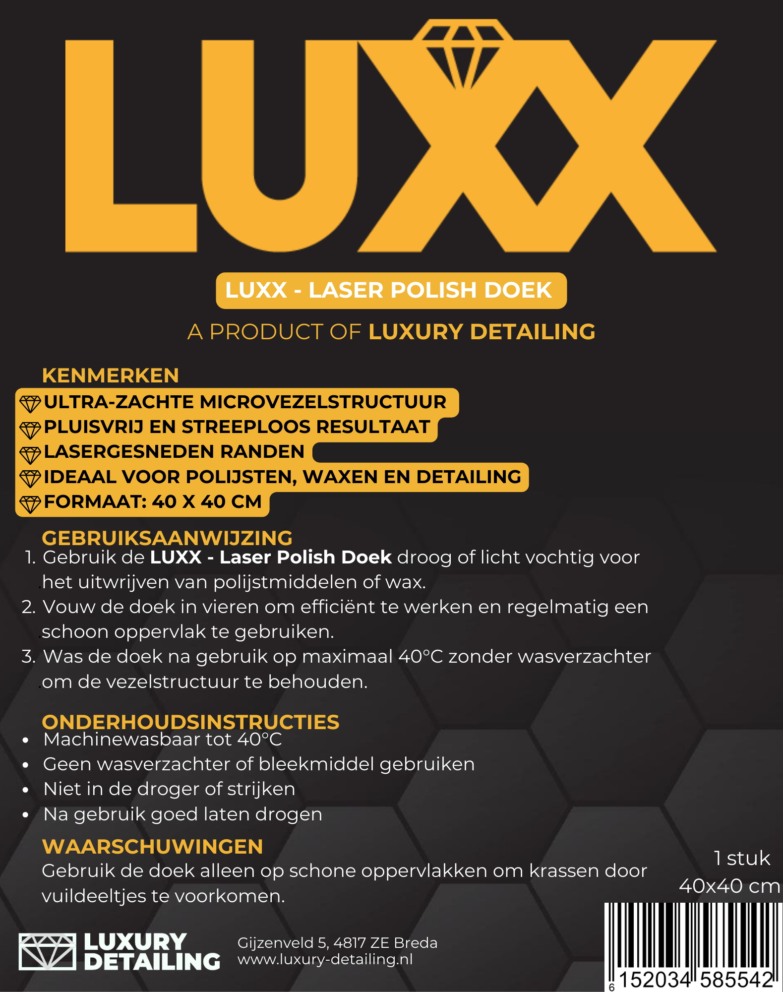 LUXX Laser Polish Doek 40x40 cm etiket – productlabel met gebruiksaanwijzing en productinformatie