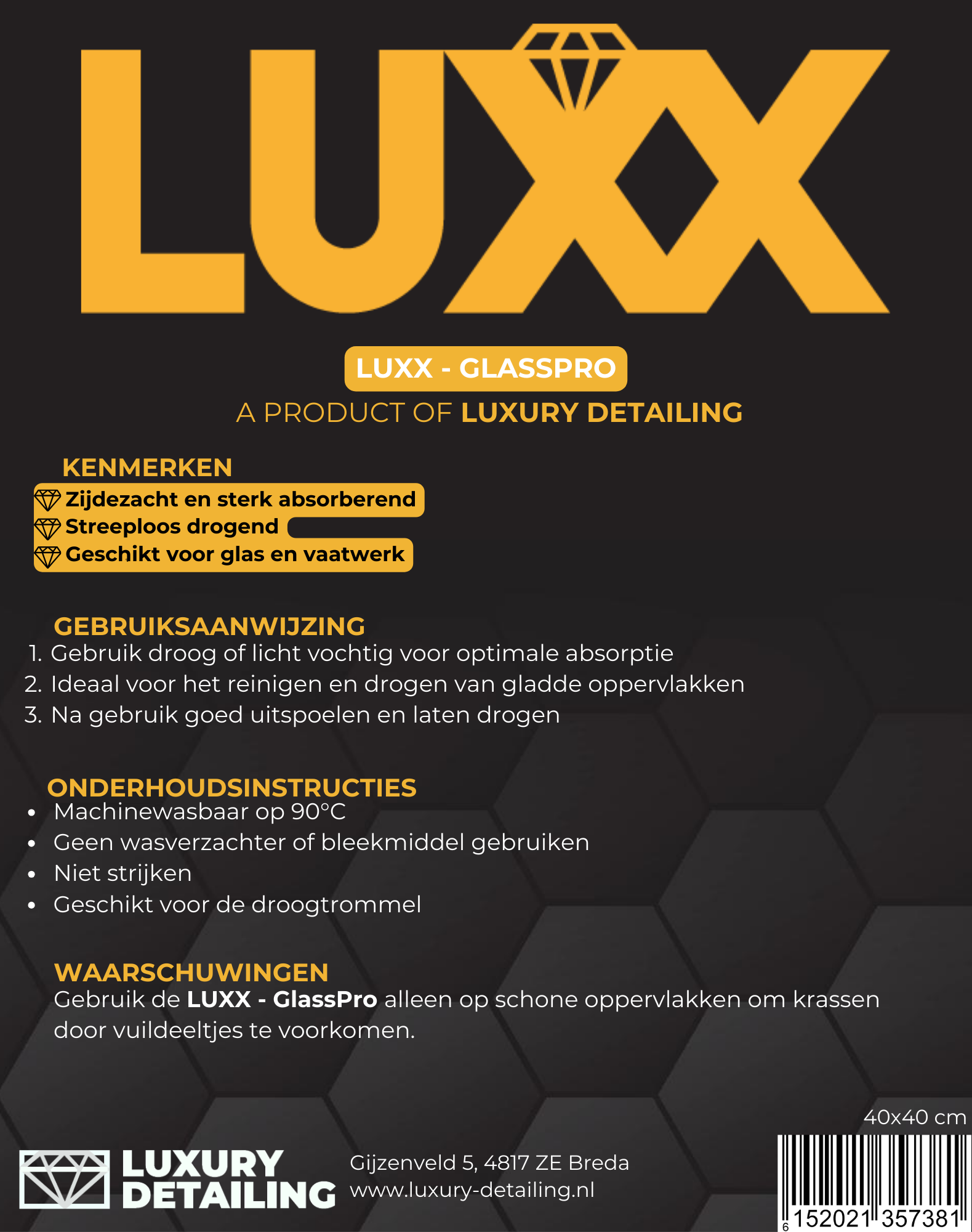 LUXX GlassPro etiket – productlabel met gebruiksaanwijzing en ingrediënten