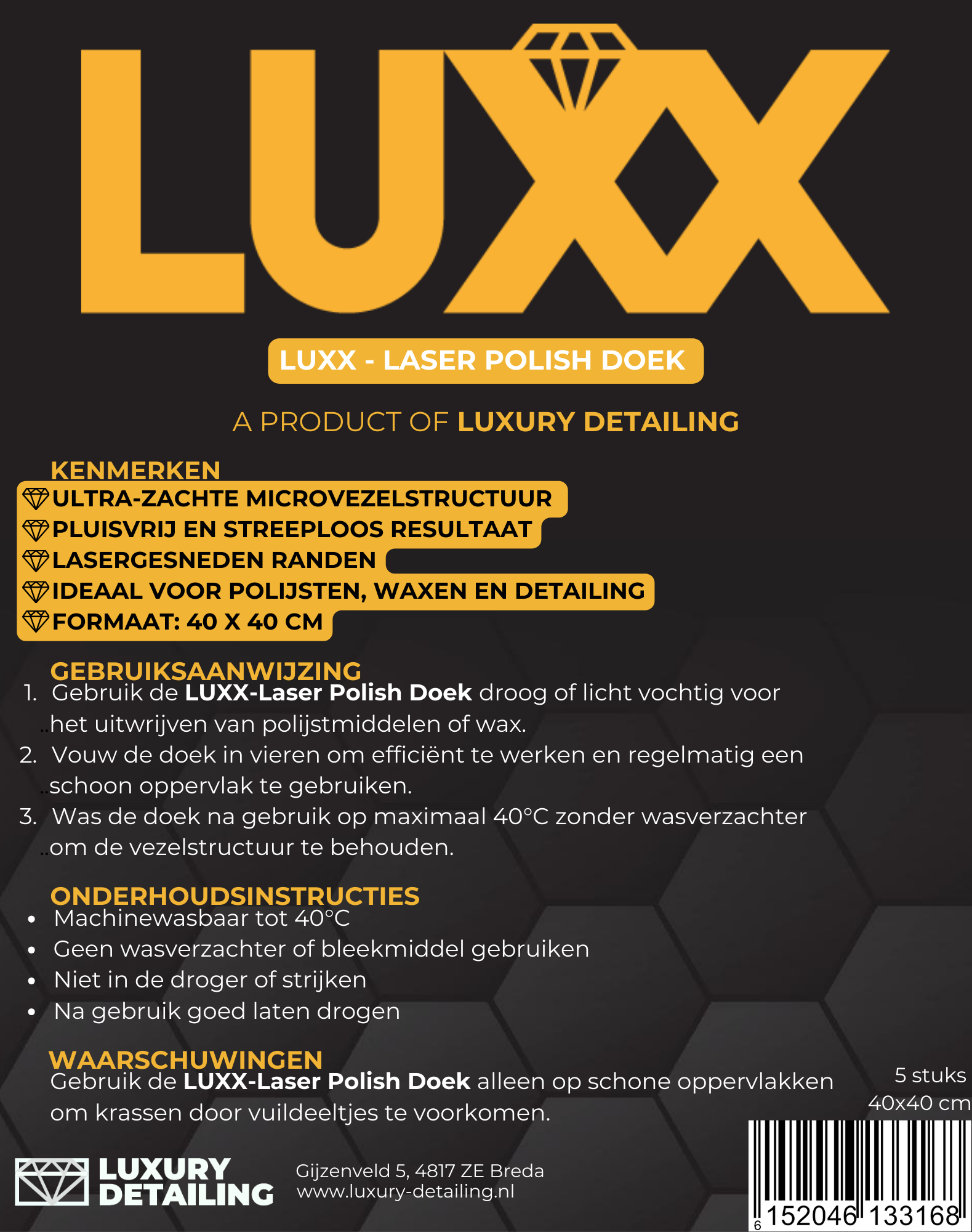 LUXX Laser Polish Doek 5 stuks etiket – productlabel met gebruiksaanwijzing en productinformatie