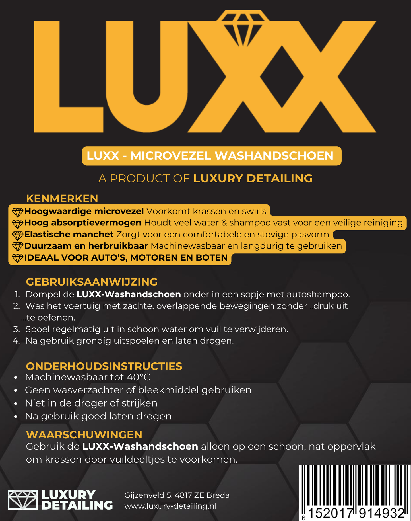 LUXX Microfiber Wash Mitt etiket – productlabel met eigenschappen en onderhoudsinstructies