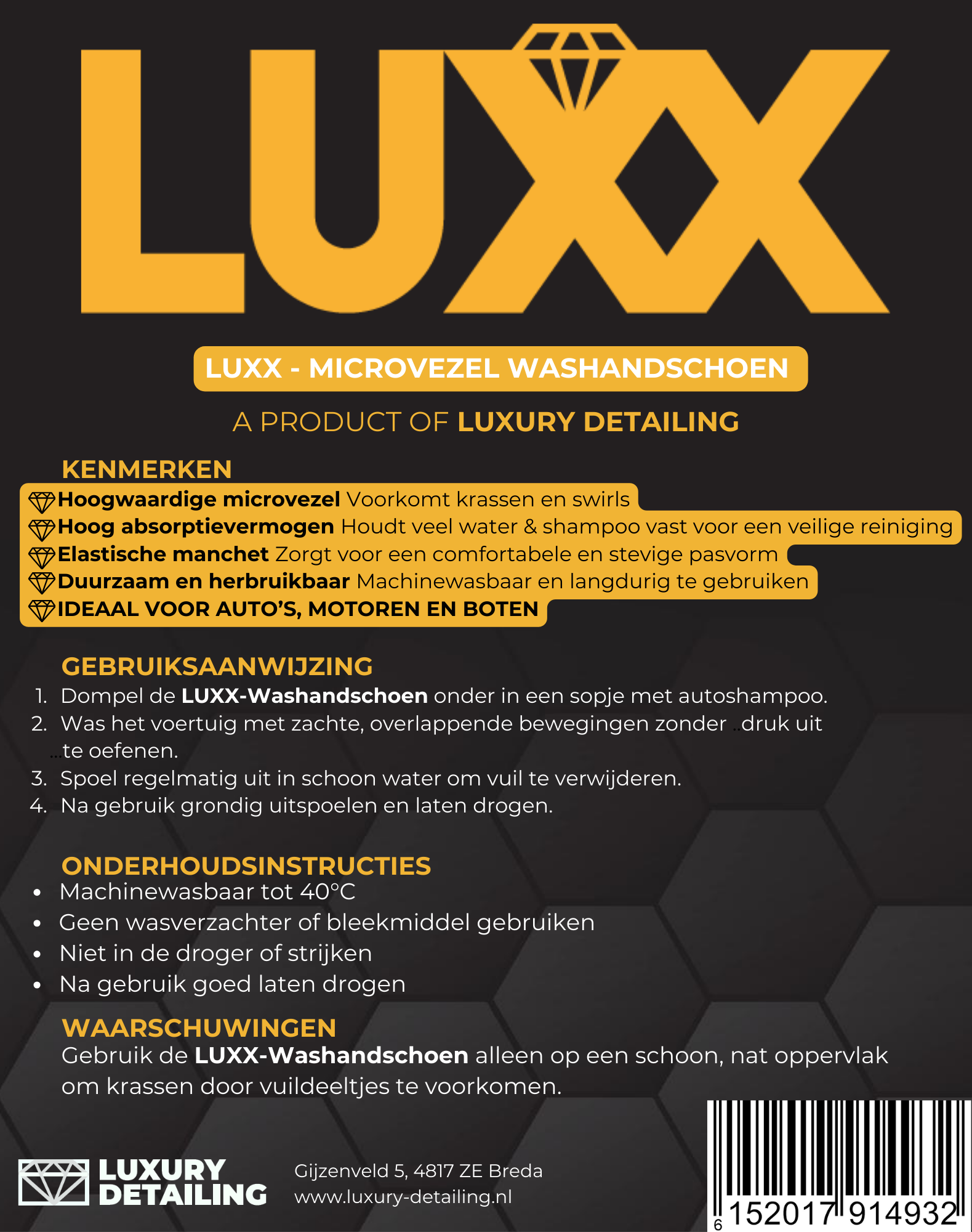 LUXX Microfiber Wash Mitt etiket – productlabel met eigenschappen en onderhoudsinstructies