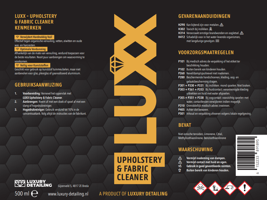 LUXX Upholstery & Fabric Cleaner etiket – productlabel met gebruiksaanwijzing en ingrediënten