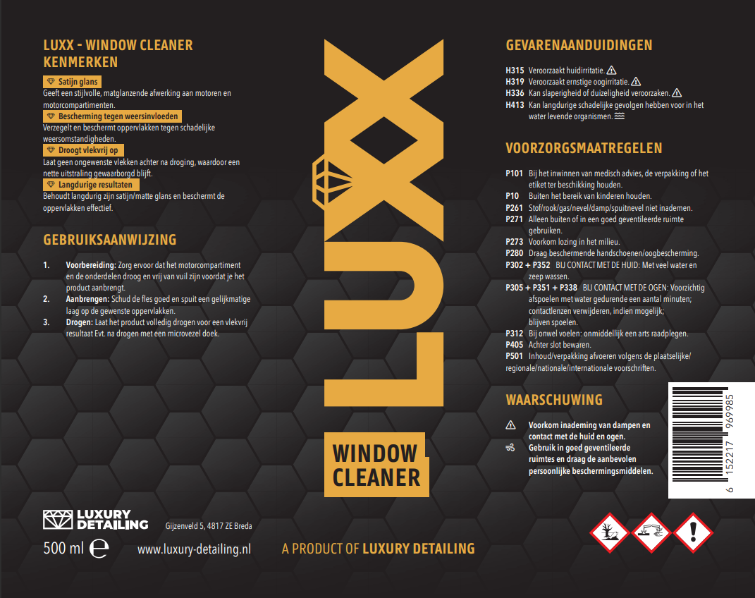 LUXX Window Cleaner etiket – productlabel met gebruiksaanwijzing en ingrediënten