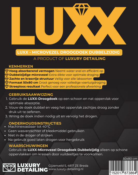 LUXX Microvezel Droogdoek Dubbelzijdig etiket – productlabel met specificaties en onderhoudsinstructies