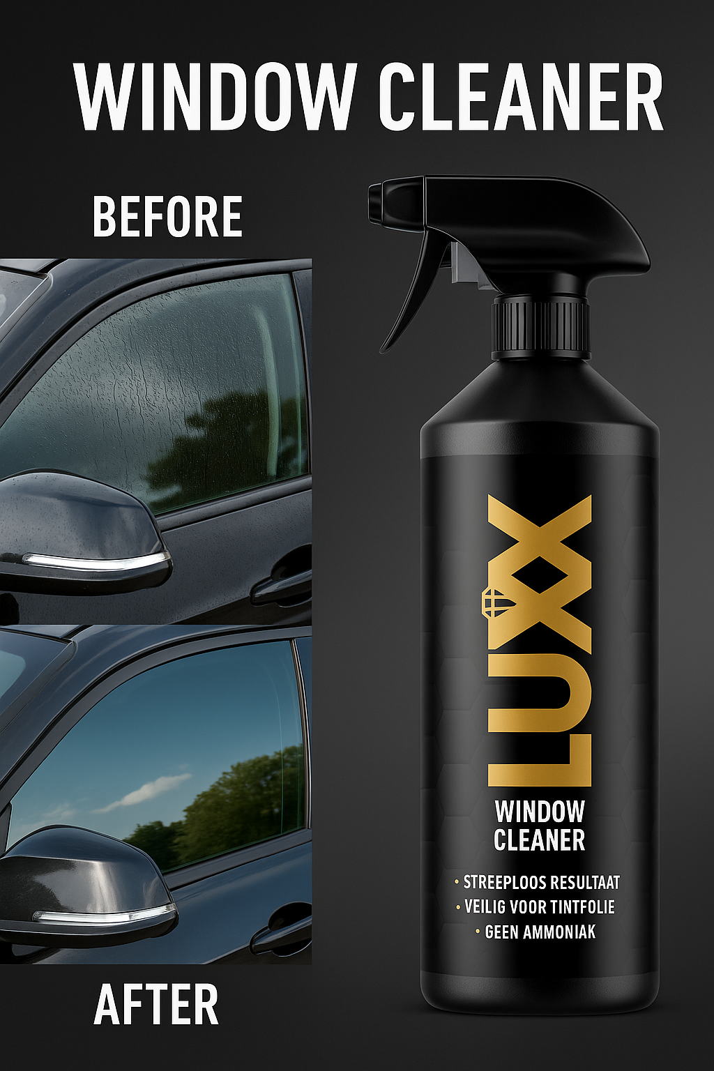 LUXX Window Cleaner voor auto – voor en na resultaat met streeploze autoruiten, veilig voor tintfolie en zonder ammoniak